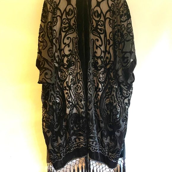 Art Deco Black Velvet Kimono, Semi Sheer, Burn out, Fringed, Cover, Jack… - Picture 4 of 4